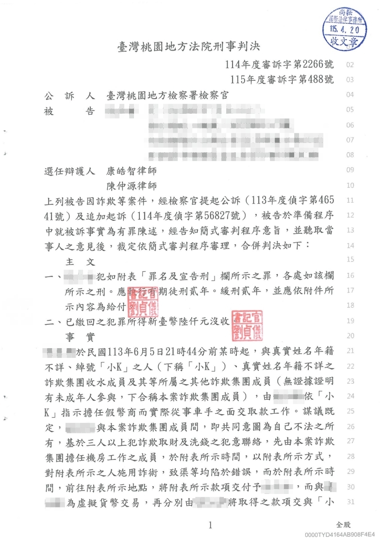 詐欺案 緩刑（已塗黑當事人資訊）